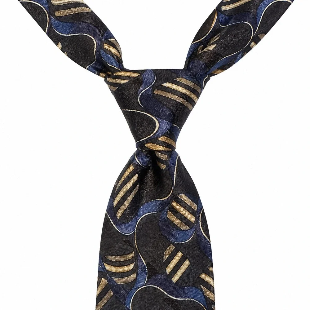 Vtg Don‎ Loper Beverly Hills Mens Silk Tie Black Blue Gold Geometric Abstract OS